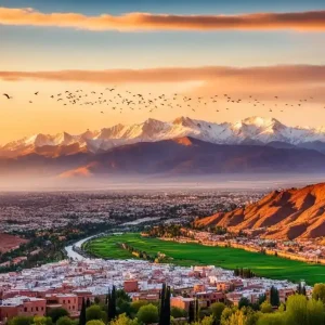 Atlas mountains Marrakech Snow-capped peaks of the Atlas Mountains rise majestically on the horizon, seen from the outskirts of Marrakech, with traditional Berber homes dotting the rugged landscape