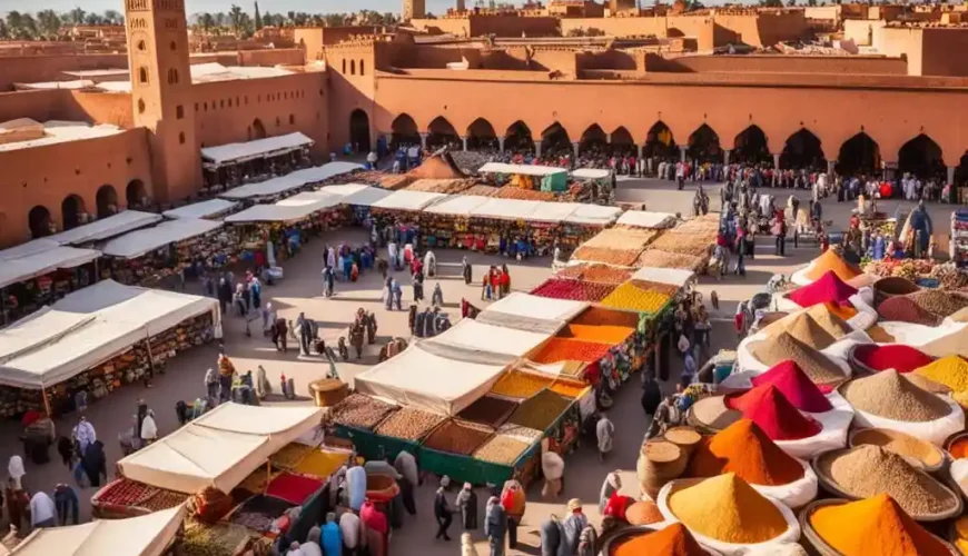 Explore the Magic of MARRAKECH | 15 DAY FROM MARRAKECH 47 Panoramic view of Marrakech at sunset, capturing the vibrant colors of the medina, Koutoubia Mosque's towering minaret, and the distant Atlas Mountains
