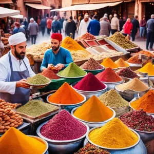 Marrakech culinary tourism Vibrant stalls in Marrakech's bustling market showcasing a variety of traditional Moroccan dishes and spices, inviting tourists to indulge in a rich culinary journey