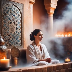 Traditional Moroccan Hammams Image depicting the serene and warm interior of a traditional Moroccan hammam, featuring tiled walls, marble benches, and dimmed atmospheric lighting
