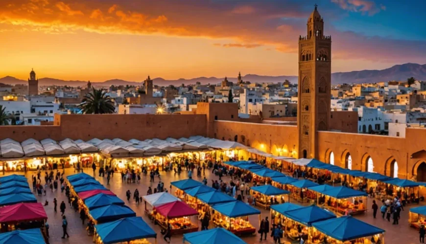 Enjoy Morocco Holiday Tour 2 Enjoy Morocco Holiday Tour: A mesmerizing image portraying the diversity of Morocco, from vibrant souks and ancient architectures to serene deserts under a twilight sky.