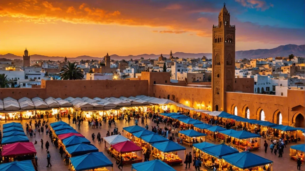 Enjoy Morocco Holiday Tour 1 Enjoy Morocco Holiday Tour: A mesmerizing image portraying the diversity of Morocco, from vibrant souks and ancient architectures to serene deserts under a twilight sky.