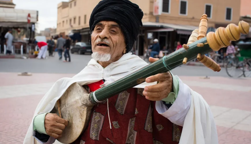 Visit to Marrakech And Aspects 2 Bustling Jemaa el-Fnaa square in the historic Medina of visit to Marrakech, Morocco, with traditional market stalls, street performers, and iconic architecture.