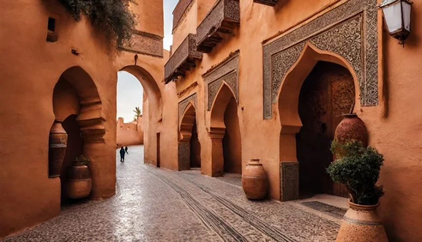 Top Spots to Visit Morocco in April - Explore Now 44 Beautiful image of a spring day in Morocco highlighting a top spot to visit morocco in April - blooming flowers under the bright sun, with historic Moroccan architecture as backdrop