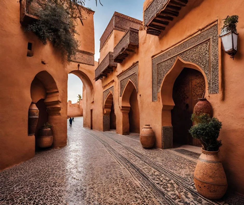 Top Spots to Visit Morocco in April - Explore Now 1 Beautiful image of a spring day in Morocco highlighting a top spot to visit morocco in April - blooming flowers under the bright sun, with historic Moroccan architecture as backdrop