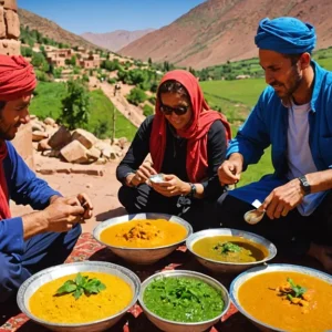 Ultimate Guide to Trekking in Morocco Atlas Mountains 5 An image capturing the vibrant culture and delicious cuisine experienced along a trek in the Atlas Mountains of Morocco.